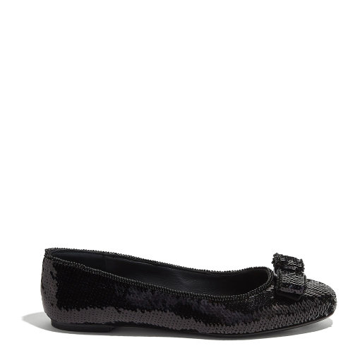 Salvatore Ferragamo/菲拉格慕 黑色 女士VARINA蝴蝶结通体亮片芭蕾舞平底鞋 726071-01Q665-VARINA SEQ 20