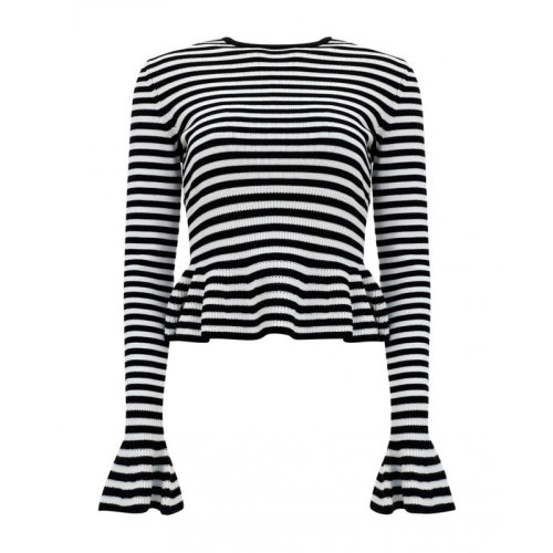 MaxMara/麦丝玛拉 女士黑白相间棉质收腰条纹喇叭袖长袖T恤上装女装