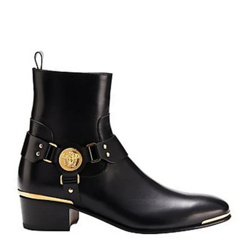 VERSACE JEANS/范思哲牛仔 女士黑色皮革经典美杜莎头像装饰中跟靴粗跟靴低筒靴踝靴短靴女靴 DSU5276-DVG3C-D410