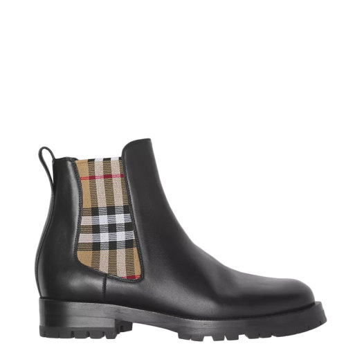 BURBERRY/博柏利 22年早春新款 女士黑色小牛皮混纺Vintage格纹装饰切尔西靴80423631