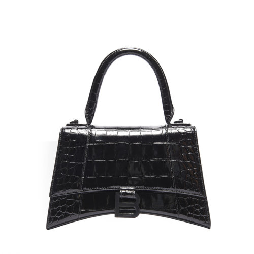 Balenciaga/巴黎世家 20Hourglass 女士迷你黑色鳄鱼压纹亮面小牛皮单肩手提包沙漏包 5928331LR671000