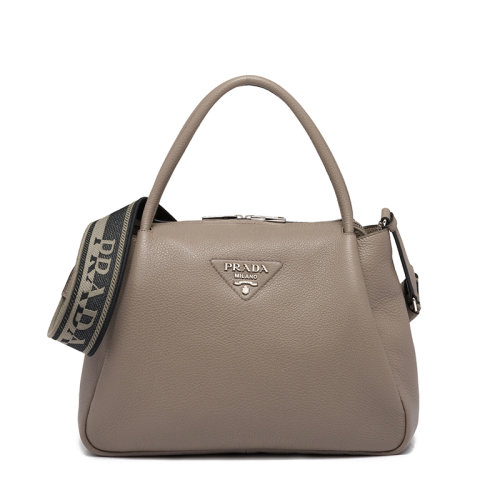 PRADA/普拉达 22年新款 女士大号黏土灰色皮革饰有三角徽标配织物肩带拉链开合单肩斜跨手提包1BC0_2DKV_F0572_V_3OO