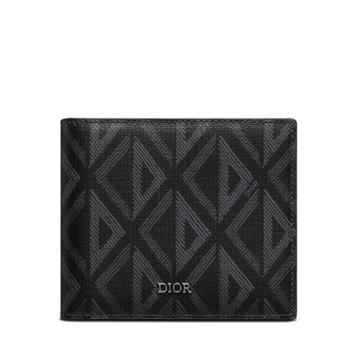 DIOR/迪奥 22春夏新款 男士黑色CD Diamond图案帆布光滑牛皮革硬币隔层双折紧凑型钱包2ESBC027DCO_H43E