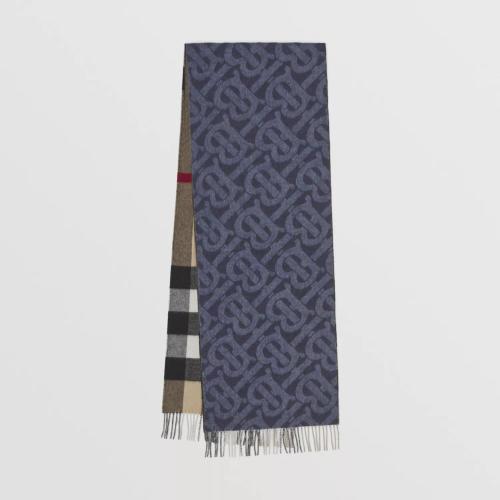  BURBERRY 22年秋冬 女士 双面两用格纹拼专属标识羊绒围巾 80437351