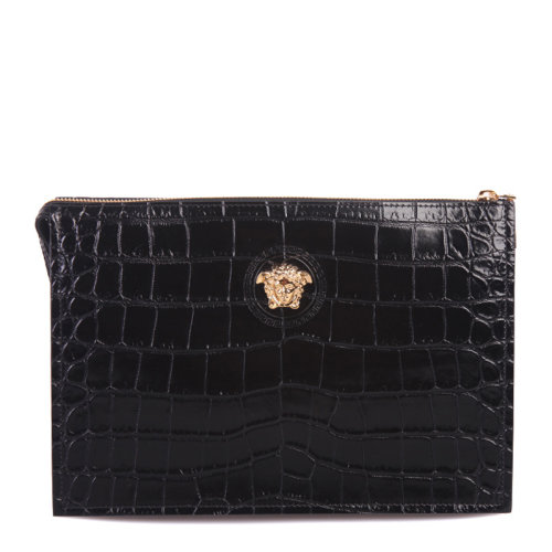 VERSACE/范思哲 男士黑色鳄鱼纹牛皮美杜莎头像装饰拉链开合钱包卡包手包腕包手拿包男包 DP87631-DCOV5-D41OH