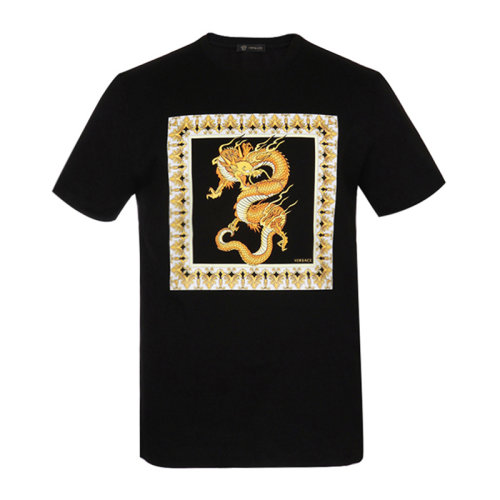 VERSACE 范思哲 男士 服装  黑色圆领龙图案棉质T恤 男士短袖T恤