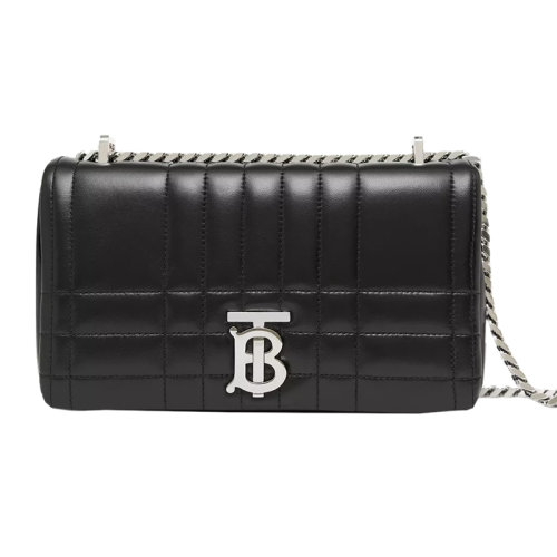 BURBERRY/博柏利 22新款 Lola系列 女士小号黑色羔羊皮半硬质绗缝包抛光银色链条TB字母组合翻盖斜挎肩背包80595101