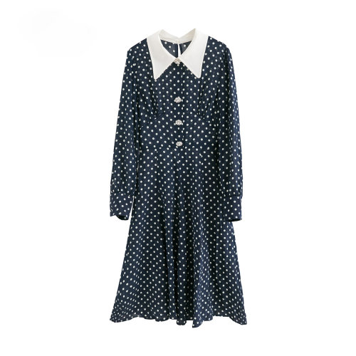 GeleiStory/GeleiStory 夏季新款白色尖领水钻扣蓝白波点修身真丝气质连衣裙女 女士裙装＞女士连衣裙