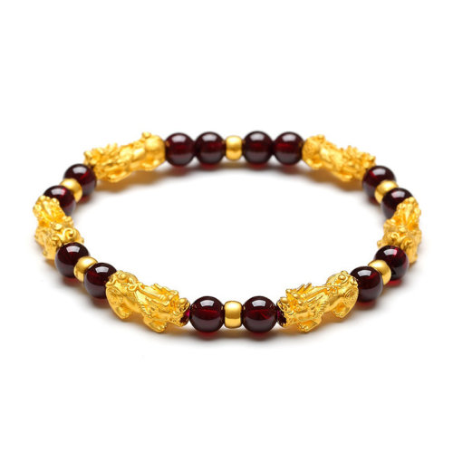GJY/古金玥 3D硬金配精品石榴石 六六大顺黄金转运珠手链 送备珠