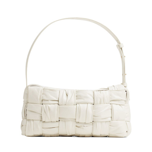 Bottega Veneta/葆蝶家 22新款 女士白色羔羊皮Intrccio图案拉链开合黄铜饰面单肩包717090V2FY19092