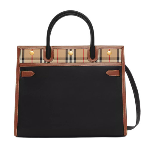 BURBERRY/博柏利 经典款Title系列 黑色中号皮革拼Vintage格纹双提柄泰尔勒手袋单肩手提包80246941