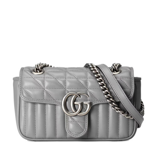 GUCCI/古驰 GG Marmont系列 女士迷你灰色绗缝皮革复古银饰双G翻盖斜挎单肩链条包446744UM8AN1711