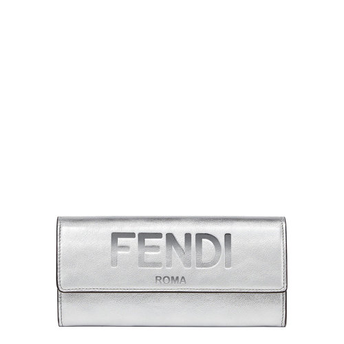 FENDI/芬迪 22春夏新款 女士银色小牛皮徽标压纹ROMA大容量欧陆式长款钱包8M0251AK61F0RXT