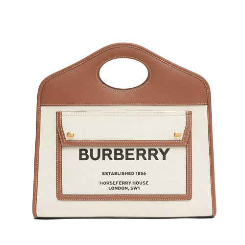 BURBERRY/博柏利 21早春新款Pocket系列 小号自然色帆布明缝麦芽棕色小牛皮拉链托特斜挎单肩手提包80367841
