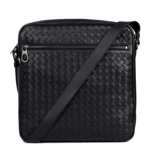 Bottega Veneta/葆蝶家 男士黑色小羊皮编织款拉链开合单肩包斜挎包邮差包男包 443872-V4651-1000