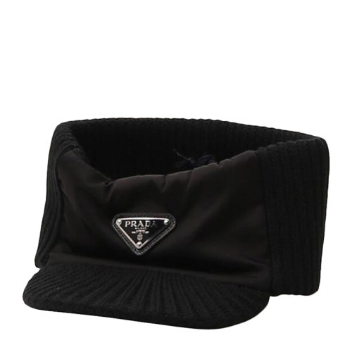 PRADA/普拉达 女士黑色尼龙拼接针织黑色徽标礼帽帽子 UMD447-1WTO-F0002