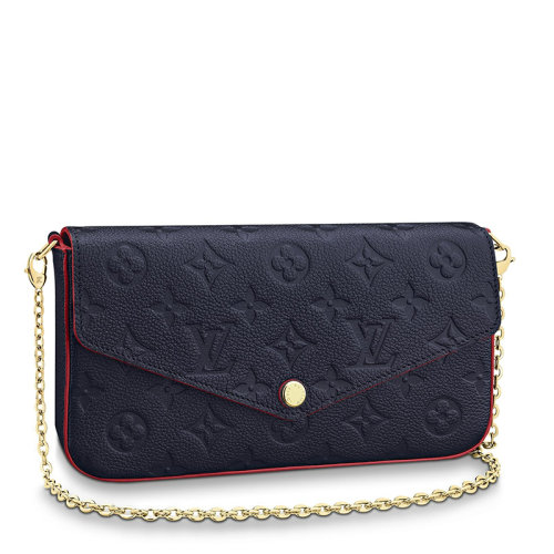 Louis Vuitton/路易威登 22春夏新款FéLICIE系列 女士海军蓝/红色老花压纹软粒面牛皮革金扣金链配可拆卸贴袋翻盖开合斜跨手拿链条信封包M64099