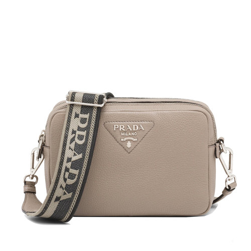 PRADA/普拉达 Flou系列 女士黏土灰皮革材质拉链开合配可拆卸刺绣织物肩带斜跨单肩包1BH082_2DKV_F0572_V_3OM