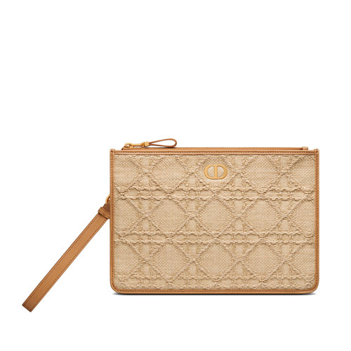 DIOR/迪奥 22春夏新款CARO DAILY系列 女士中号酒椰草藤格纹棕色皮革滚边金扣手拿包S5089UMBE_M925