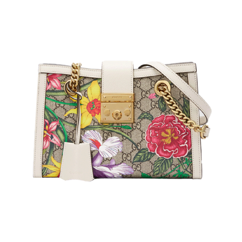 Gucci 古驰  女士padlock单肩链条包 花卉白色边