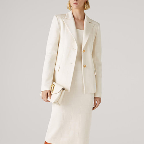 St.John/盛蔷白色格纹针织无袖中长款女士连衣裙K1110T2