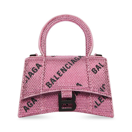 Balenciaga/巴黎世家 22秋冬新款 HOURGLASS MODEL XS系列 女士粉红色/黑色绒面小牛皮饰有水钻徽标哑光黑色饰面拆卸调节肩带肩背手提包706836210FX5860