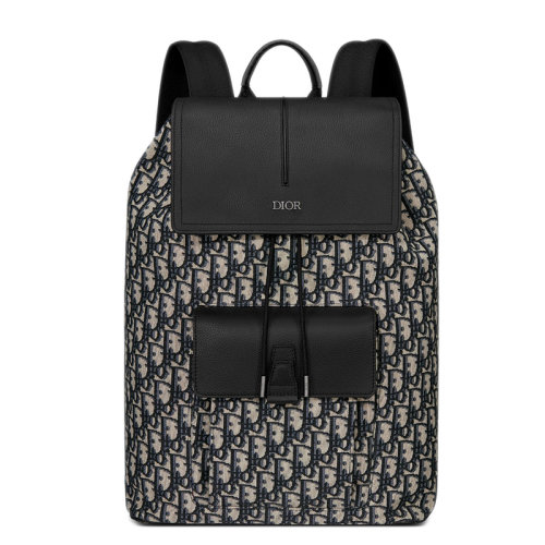 DIOR/迪奥 MOTION系列 男士米色黑色老花帆布拼黑色粒面小牛皮翻盖抽绳双肩包1ESBA138YKY_H27E