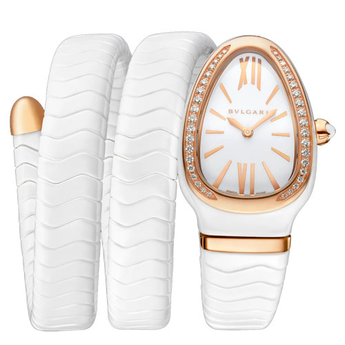 BVLGARI/宝格丽 白色陶瓷表壳镶有钻石的18K金玫瑰金表圈和双螺旋表链 白色上漆和抛光表盘 SERPENTI SPIGA石英手表 35毫米 102886