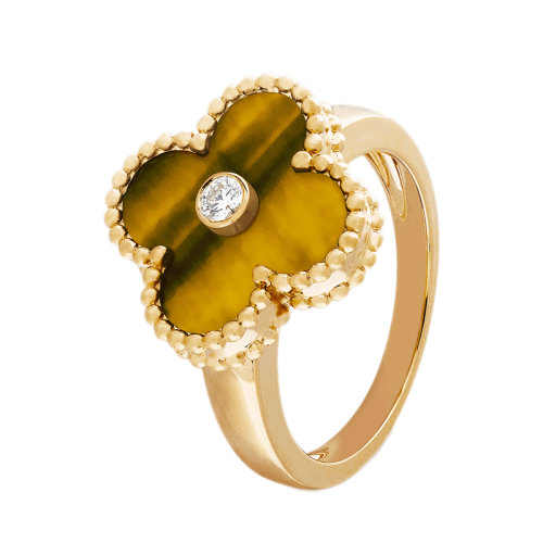 Van Cleef & Arpels/梵克雅宝 经典Vintage Alhambra系列 18k金黄金虎眼镶钻四叶草戒指指环VCARD40900