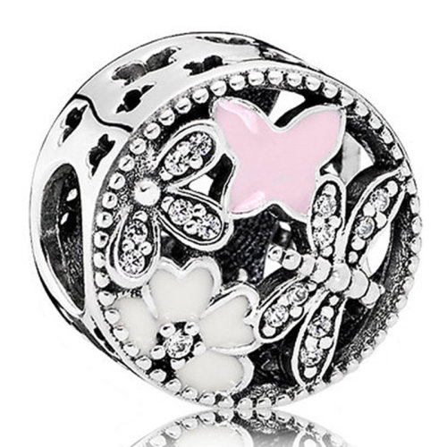PANDORA/潘多拉 女士粉白拼色925银+锆石珐琅诗花绽放DIY手链珠子串饰串珠 791842ENMX