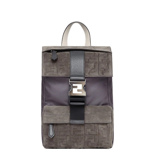 FENDI/芬迪 22春夏新款Fendiness系列 男士中号灰色绒面小牛皮老花拼接双肩包7VZ066AHU7F1GM1