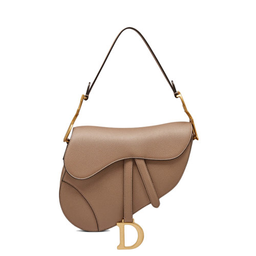 DIOR/迪奥  SADDLE系列 女士灰褐色粒面小牛皮金色D形扣装饰翻盖单肩手提马鞍包M0446CBAA_M45M