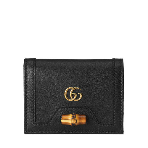 GUCCI/古驰    Diana系列 女士黑色皮革做旧的金色饰面双G竹扣钱包卡包65824417Q0T1000