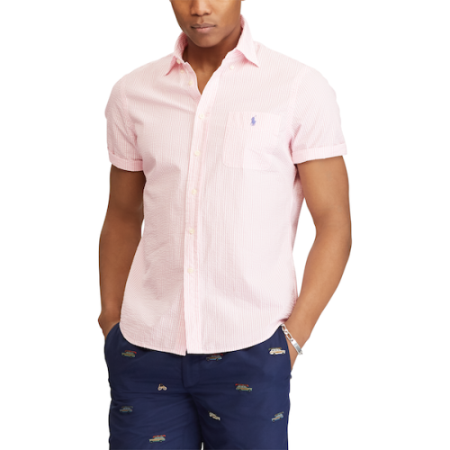Polo Ralph Lauren/拉夫劳伦马球 男士 时尚休闲 印小马标竖条纹图案泡泡纱质地修身短袖衬衣 428850-1