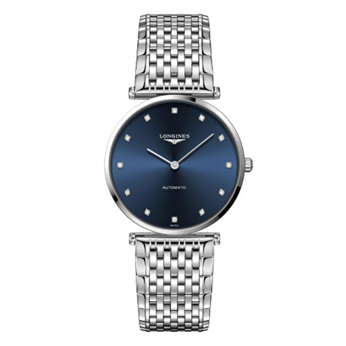 LONGINES/浪琴 嘉岚系列 自动机械表蓝盘镶钻钢链男表36毫米L4.908.4.97.6