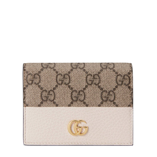 GUCCI/古驰 经典款GG Marmont系列 女士米色/乌木色老花帆布白色皮革细节金色调配件卡包65861017WAG9096