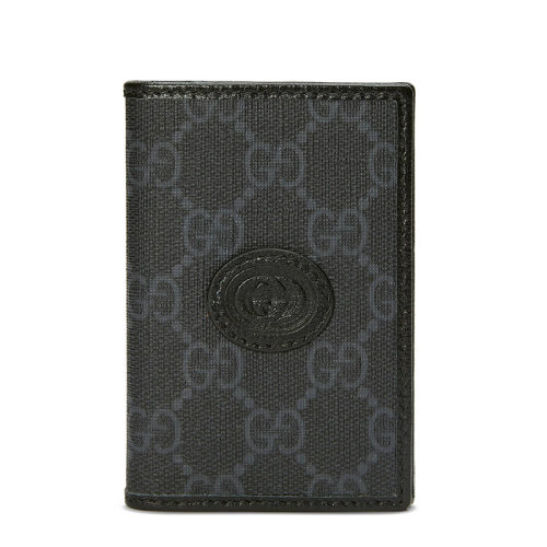 GUCCI/古驰 22春夏新款 男士黑色/灰色帆布配皮老花暗纹黑色皮革滚边黑色皮扣折叠钱包69926792TCN1000