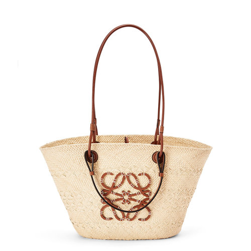 LOEWE/罗意威 22新款Basket系列 女士原色/棕褐色棕榈纤维配牛皮革徽标压纹贴片单肩手提包A223T43X02-2435