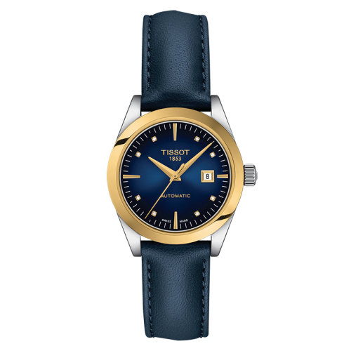 TISSOT/天梭 明媛系列 女士渐变蓝色表盘自动机械机芯精钢表壳皮质表带腕表29毫米T930.007.46.046.00
