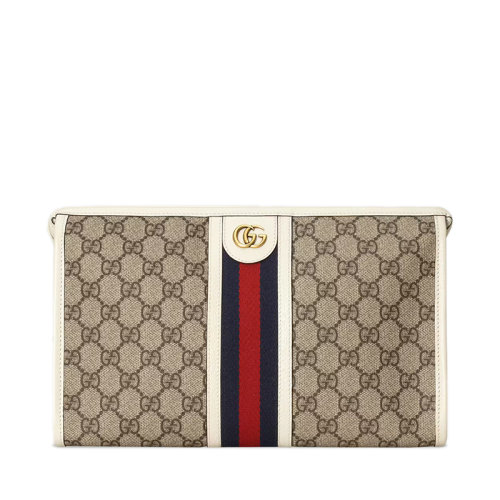 GUCCI/古驰 22春夏新款Ophidia系列 男士米色/乌木色老花帆布白色皮革滚边红蓝织带装饰金扣手拿包59823496IWT9794