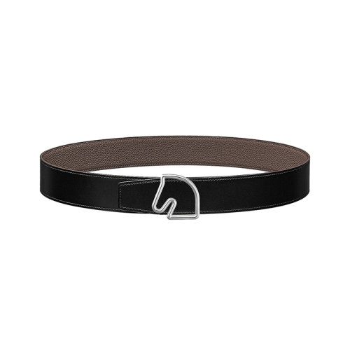 HERMES/爱马仕 马头系列 黑/大象灰色荔枝纹小牛皮 男士双面银扣皮带38毫米H081656CK05/H077971CAAG080