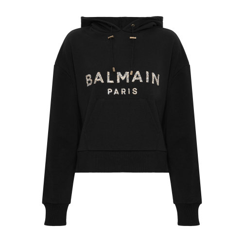 Balmain/巴尔曼 黑色 女士亮片徽标饰Cropped帽衫连帽卫衣 UF13792I510  早秋