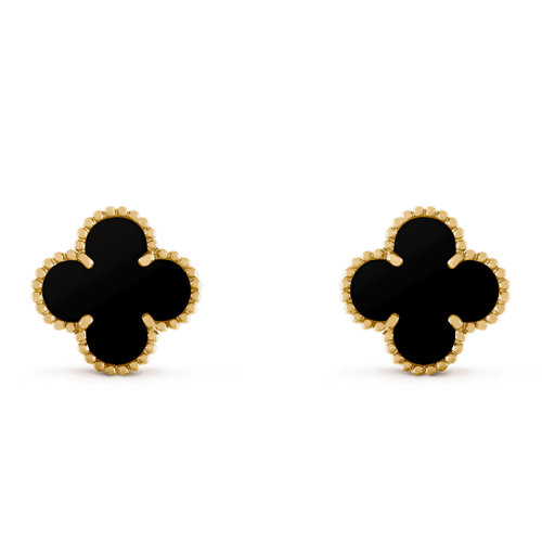 Van Cleef & Arpels/梵克雅宝 经典Vintage Alhambra系列 18K金黄金镶黑玛瑙经典四叶草耳钉