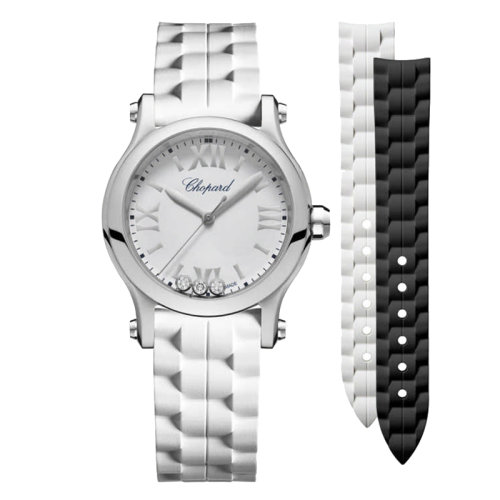  Chopard/萧邦 Happy Sport系列 石英表精钢表壳镶钻白盘橡胶表带女表30毫米278590-3001