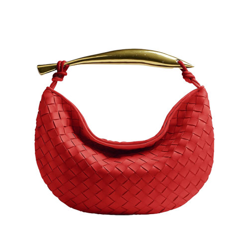 Bottega Veneta/葆蝶家 22新款 女士苹果红色羔羊皮编织配金属手柄磁扣开合黄铜饰面手提包716082VCPP16303