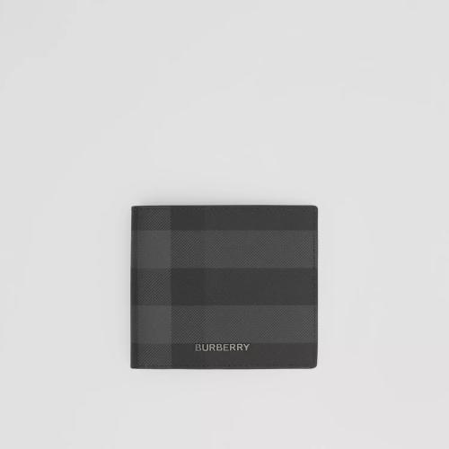  BURBERRY 22年秋冬 男士 炭灰色格纹拼皮革双折钱夹 80645881