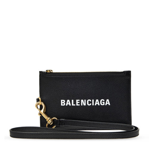 Balenciaga/巴黎世家 女士黑色小牛皮白色字母徽标印花拉链开合钱夹钱包卡包手拿包零钱包女包 616015-1IZIM-1090