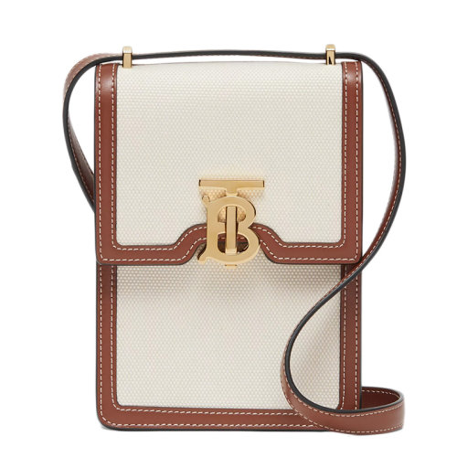 BURBERRY/博柏利  Robin系列 白色棕褐色棉质帆布拼皮革洛宾包斜跨单肩包80316491 手机包