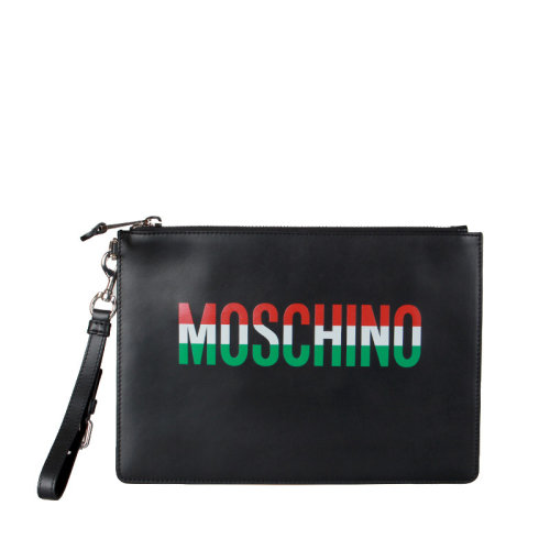 MOSCHINO/莫斯奇诺  男包女包黑色皮革时尚百搭红白绿条LOGO手拿包  $A840380013555