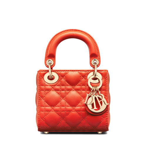 DIOR/迪奥 22春夏新款LADY DIOR系列 女士超迷你亮橙色藤格纹羊皮革单肩斜挎手提戴妃包S0856ONGE_M37O